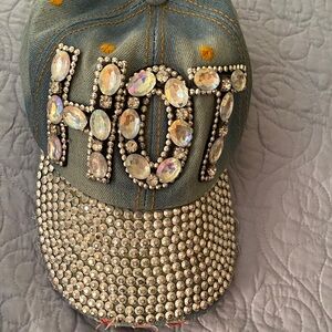 Embellished Denim Cap with Rhinestones